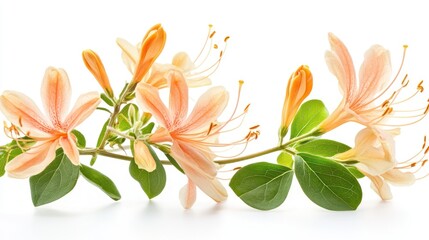 A delicate arrangement of peach-colored flowers with green leaves on a white background.