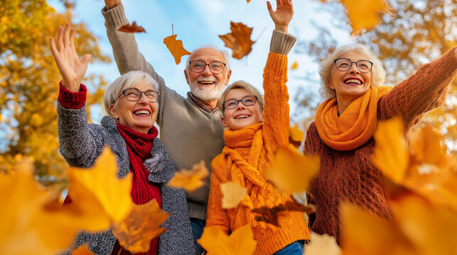 Family enjoying a joyful autumn day outdoors with colorful leaves and blue skies while engaging in free activities together