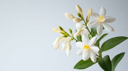 Fototapeta premium A close-up of white flowers with green leaves against a light background.