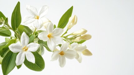 Fototapeta premium A delicate branch of white flowers and buds against a light background.