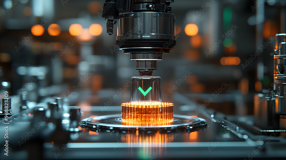 Aufkleber close-up of a precision machine tool applying a check symbol on a glowing component in a modern indu
