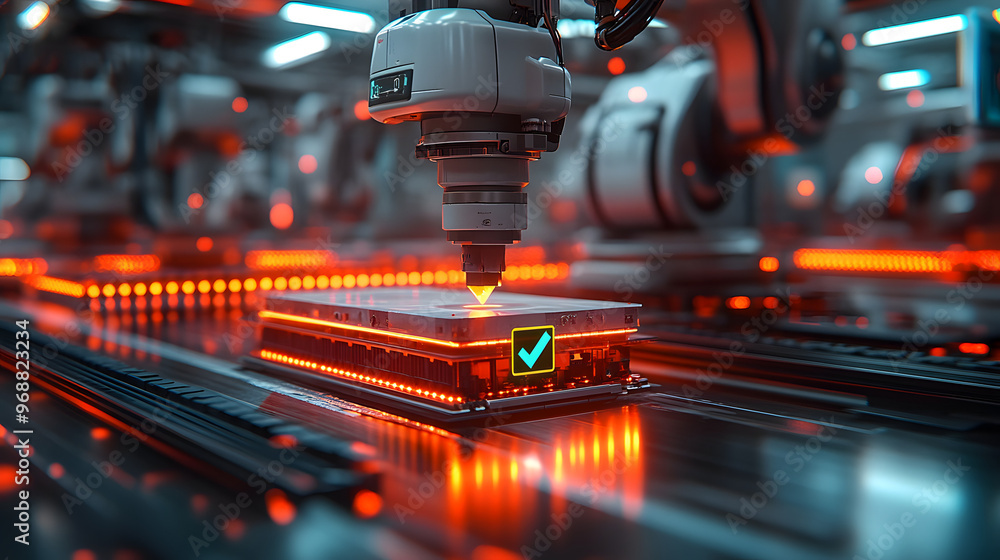 Poster futuristic robotic arm performs precision tasks in an automated manufacturing facility with vibrant 