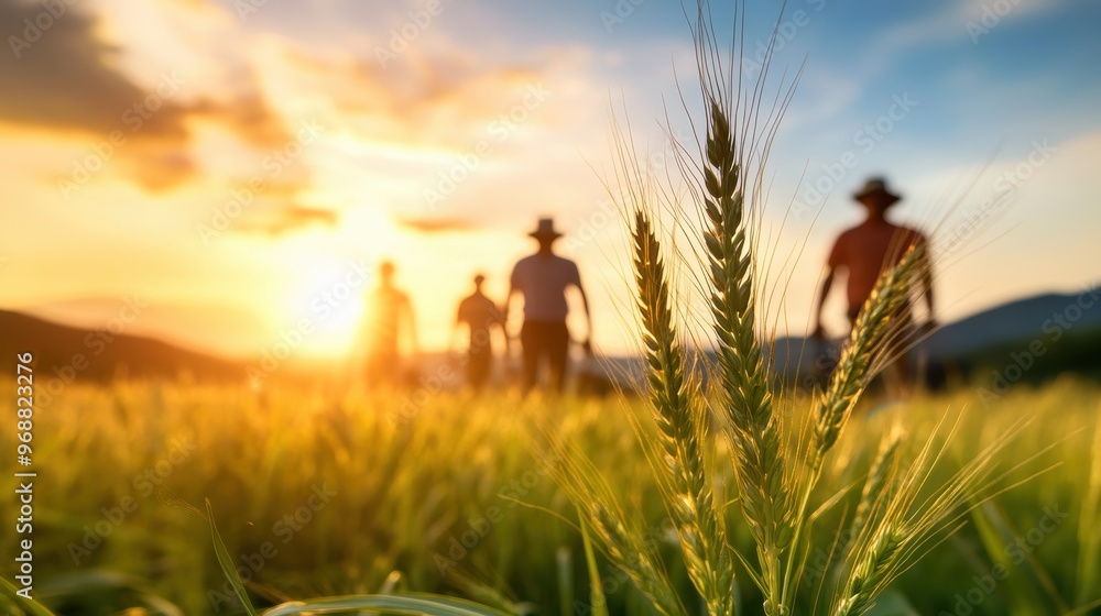 Poster a group of farmers sharing resources and knowledge, achieving greater yields and prosperity through 