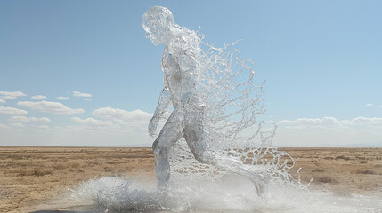 A human figure made entirely of flowing water, standing in a dry desert, representing the clash of elements