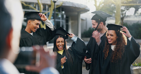 Students, graduation or happy at university for photography, fun or hats for achievement. Friends,...