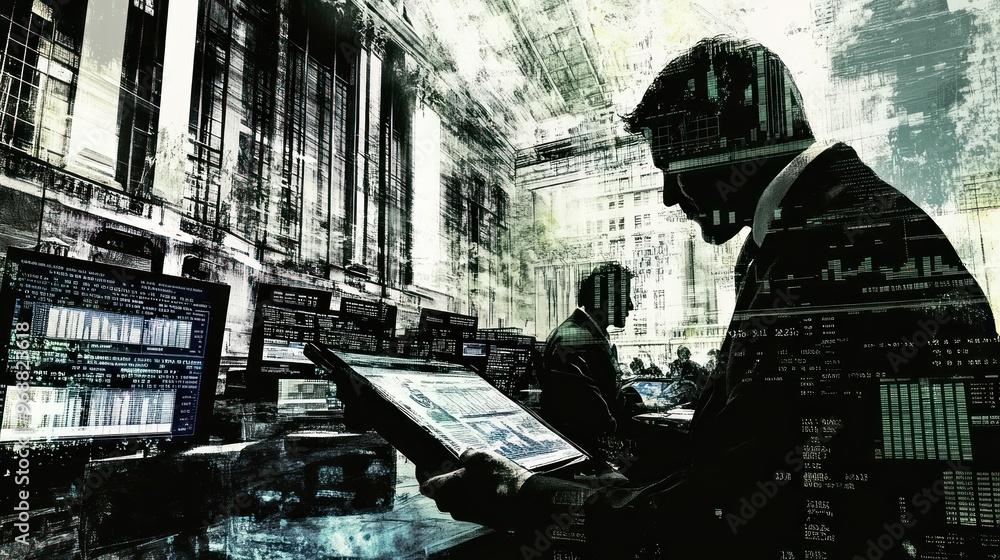 Poster A Man Looking at Data on Computer Screens in an Office Building