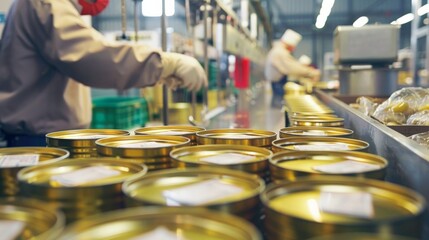 Workers in a quality control area inspecting and testing canned food products