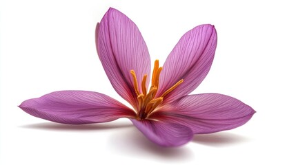 A vibrant purple flower with delicate petals and striking orange stamens against a white background.