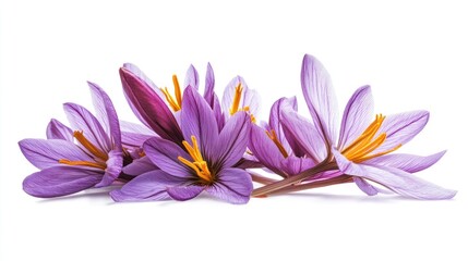 A cluster of vibrant purple flowers with striking yellow stamens arranged artistically.