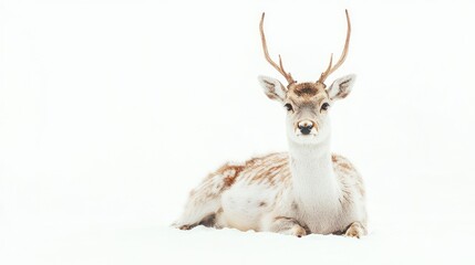 A serene deer resting in a snowy landscape, showcasing nature's tranquility.