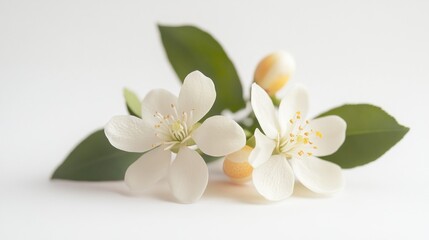 A serene arrangement of white flowers and green leaves on a light background.