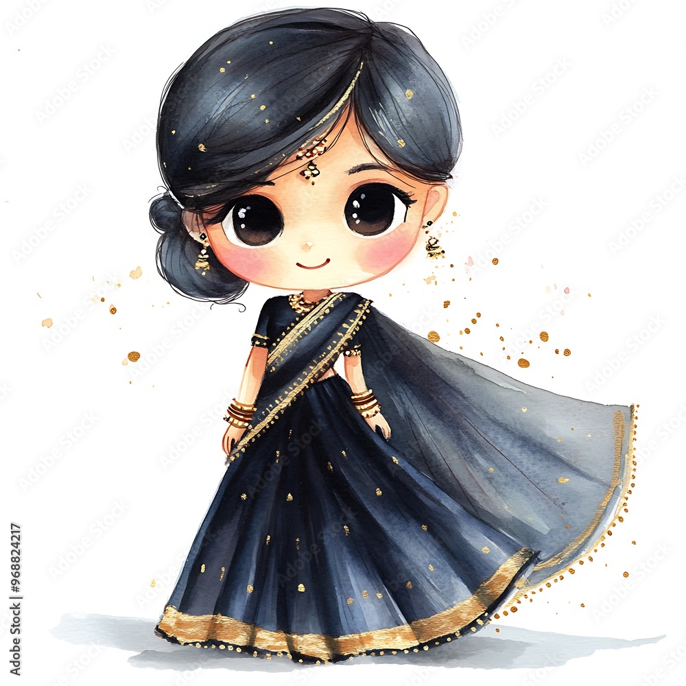 Sticker Cute Cartoon Illustration of an Indian Girl Wearing a Traditional Sari.