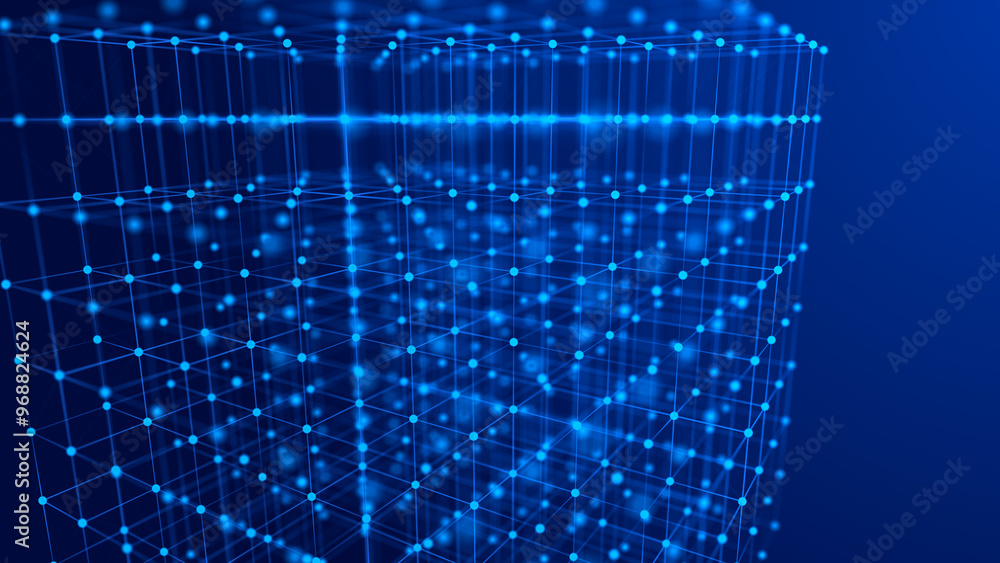 Poster Information storage cells. Abstract background with dots and lines. Network connection structure. Big data digital background. 3D rendering.