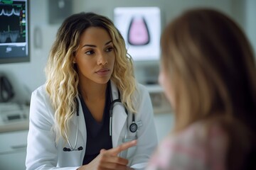 Female Doctor Explaining Breast Cancer Mammogram Results to Patient in Modern Hospital Room