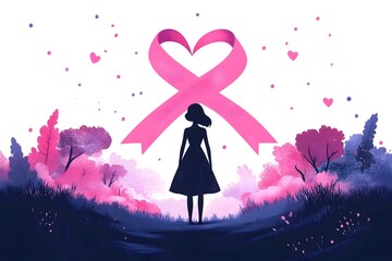 Obraz premium Flat Style Character Attending Breast Cancer Awareness Event with Pink Ribbon and Nature Backdrop