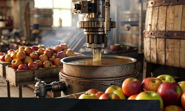 Apple cider pressing at a cider mill, fresh cider and seasonal tradition, hyperrealistic . Video
