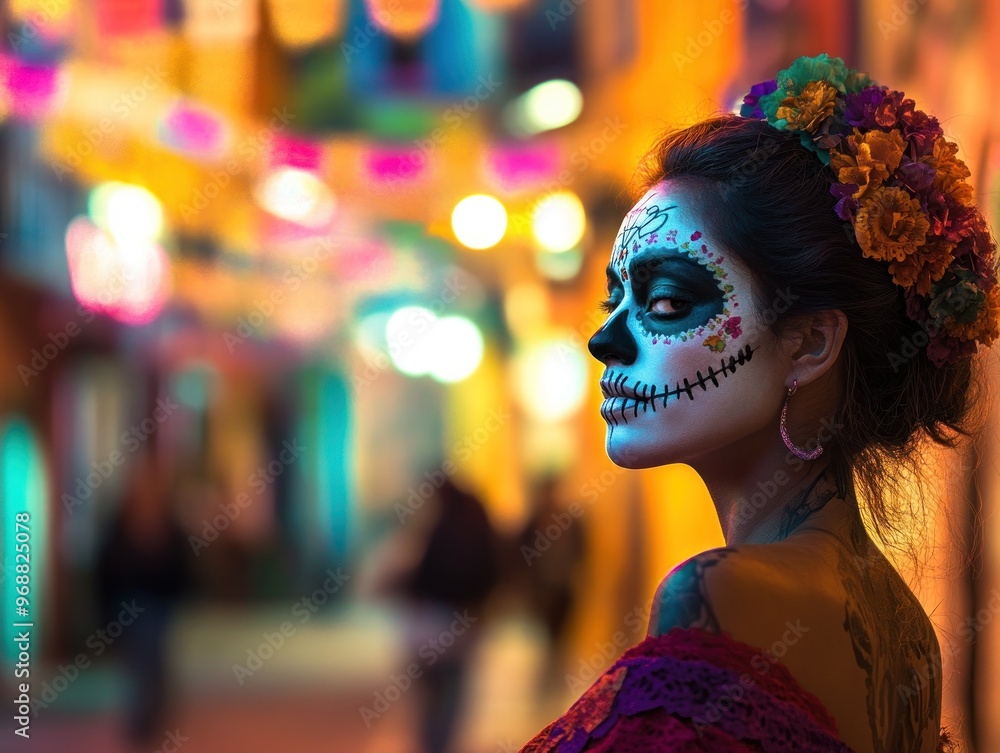 Wall mural a woman in traditional d?a de los muertos makeup stands in a colorful alleyway.