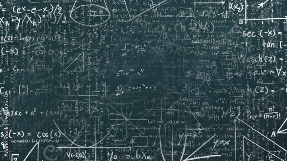 Poster animation of mathematical data processing over black background