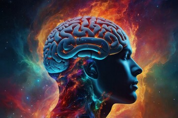A digital artwork closeup portrait of a human with a brain exposed, surrounded by vibrant flames, cosmic elements, galaxies and ethereal fog. Spirituality higher states of consciousness illustation.