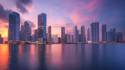 Fototapeta premium A vibrant city skyline at sunset, reflecting on calm waters.