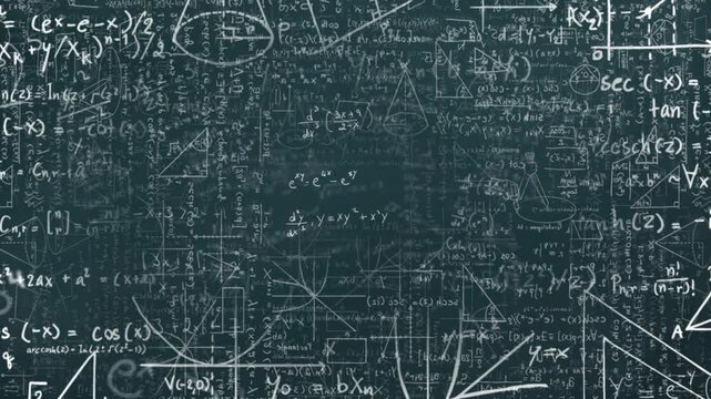 Animation of mathematical data processing over black background