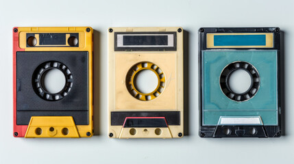 Fototapeta premium A collection of old cassette tapes in various colors and sizes. Concept of nostalgia and a longing for the past, as cassette tapes were once a popular form of music storage and playback.