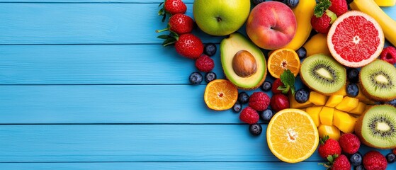 Colorful arrangement of fresh fruits on a blue wooden background, showcasing healthy and vibrant produce for a nutritious lifestyle.