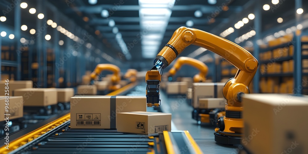 Poster high tech black friday warehouse robotic automation optimizes efficient packing and shipping