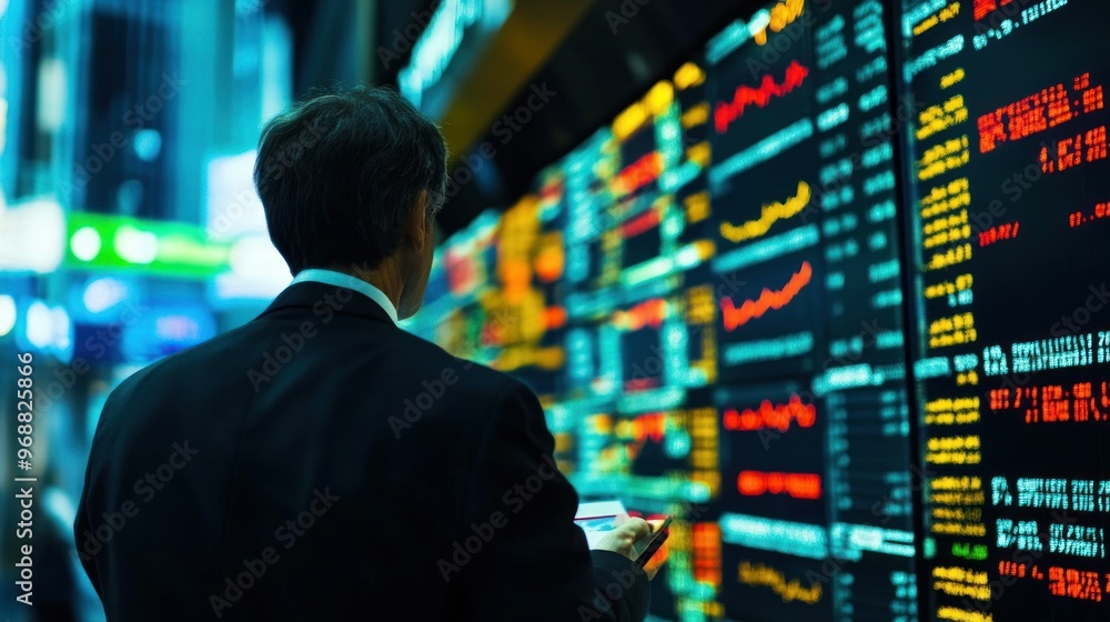 Poster businessman looking at stock market data on display