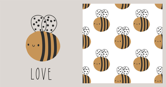 Cute bee bumblebee newborn neutral boho seamless pattern background with dots abstract minimalist brown beige childish kid repeat.
