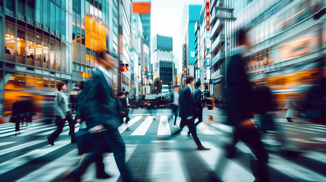 Сrowded street in downtown. Generative AI.