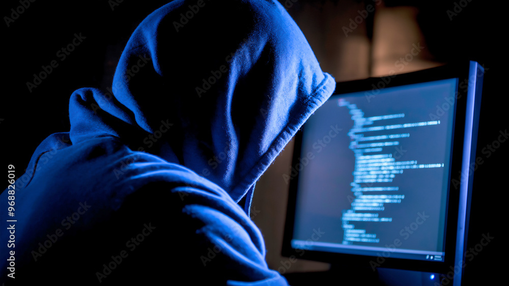 Wall mural hacker in a blue hoodie with the hood up, sitting at a computer screen displaying code, with a dark 