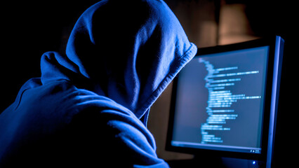 Hacker in a blue hoodie with the hood up, sitting at a computer screen displaying code, with a dark room in the background.