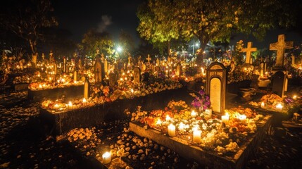 A serene graveyard illuminated by candles and flowers, honoring the deceased at night.