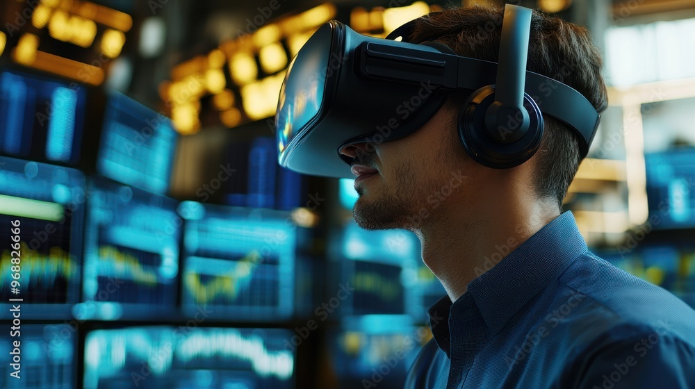 Poster Man Wearing VR Headset in Front of Monitors with Data