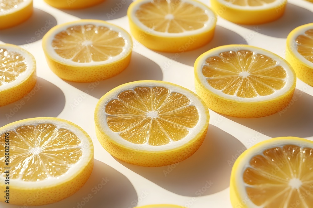 Poster minimalist photographic display of lemon slices in isometric arrangement with hard shadows