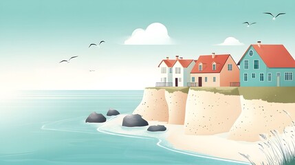 Naklejka premium Seaside village, clipart style, colorful cottages on a cliff overlooking the ocean, gentle waves lapping at the shore, soft afternoon light, tranquil and breezy mood, clean lines, soft and pastel