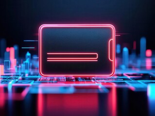 Obraz premium A glowing digital wallet card with sleek branding elements floating in a high-tech landscape of currency symbols, Sci-fi, 3D rendering, Neon hues