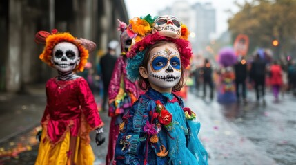 Fototapeta premium Children in colorful costumes celebrate with painted faces during a festive parade.