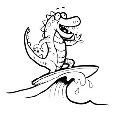 cute crocodile surfing on surfboard hand drawn sketch vector illustration