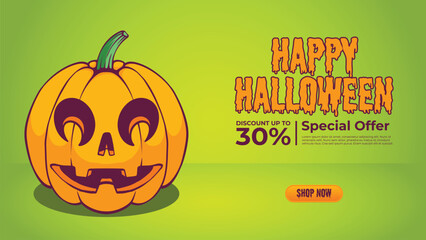 Halloween Sale Promotion Poster template with Halloween pumpkin and green background