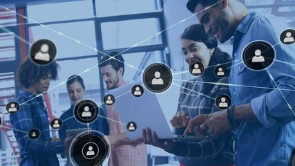 Animation of network of connections with people icons over diverse business people in office
