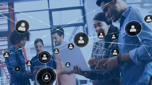 Animation of network of connections with people icons over diverse business people in office