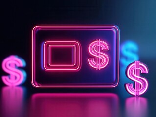 A glowing digital wallet card with sleek branding elements floating in a high-tech landscape of currency symbols, Sci-fi, 3D rendering, Neon hues