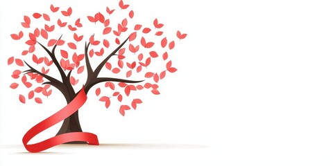 Silhouette of a tree with red ribbon-shaped leaves, symbolizing growth and hope in the fight against HIV, World AIDS Day