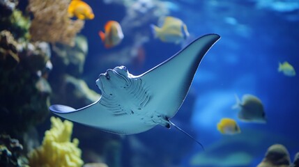 A large, gray manta ray swims gracefully through an aquarium with colorful fish and coral in the background.
