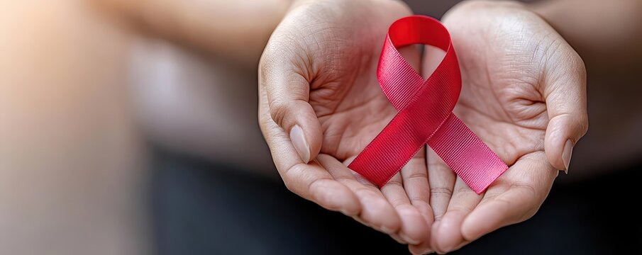 Hands cupping a glowing red ribbon, symbolizing protection and care for HIV patients, World AIDS Day focus - Powered by Adobe