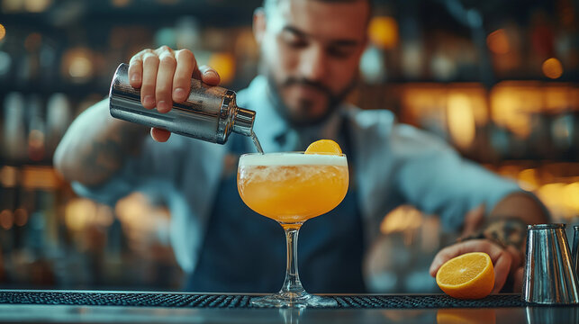 Stylish brutal barman in a shirt and apron makes a cocktail at bar counter background.