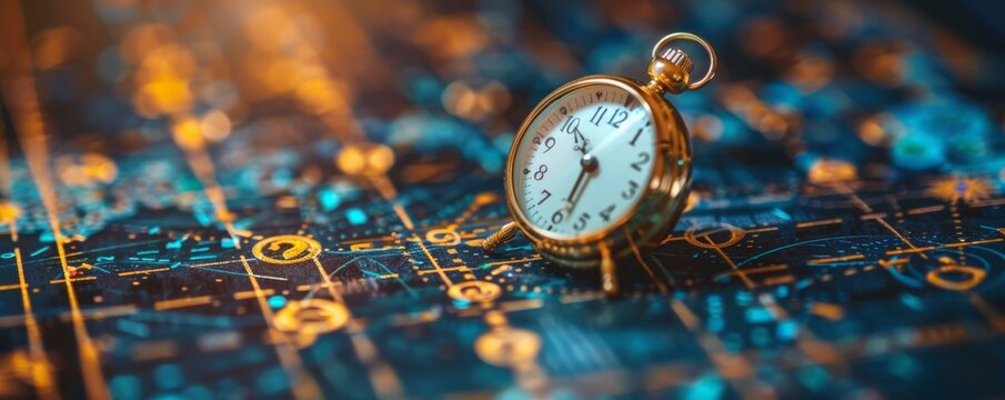 A vintage pocket watch resting on a digital circuit board, symbolizing the fusion of time and technology.