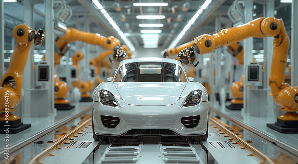 Aufkleber a high-tech car factory with robotic arms assembles cars, full of modern technology and a futuristic